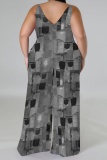 Blue Khaki Casual Faux Denim Print Backless Spaghetti Strap Plus Size Jumpsuits (With Headscarf)