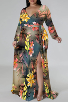Brownness Elegant Floral Print Lace Up Slit V Neck Printed Plus Size Dresses
