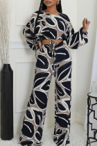 Multicolor Casual Print Draw String Patchwork O Neck Long Sleeve Two Pieces