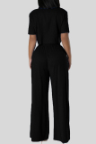 Black Casual Solid Color Draw String Buckle Patchwork Turndown Collar Short Sleeve Two Pieces