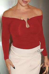 Red Sexy Solid Color Patchwork Backless Off Shoulder Tops