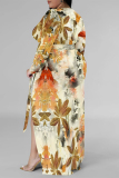 Blue Elegant Floral Print Lace Up Slit V Neck Printed Plus Size Dresses