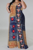 Blue Khaki Casual Faux Denim Print Backless Spaghetti Strap Plus Size Jumpsuits (With Headscarf)