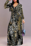 Yellow Elegant Geometric Print Snakeskin Print Leopard Lace Up Contrast V Neck Printed Dresses