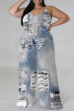 Blue Khaki Casual Faux Denim Print Backless Spaghetti Strap Plus Size Jumpsuits (With Headscarf)
