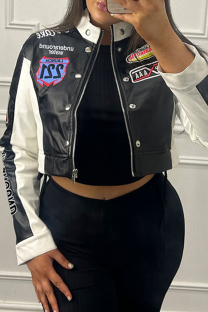 Black Street Letters Patchwork Zipper Zipper Collar Outerwear