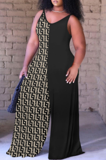 Black Brown Casual Print Backless Spaghetti Strap Plus Size Jumpsuits (With Headscarf)