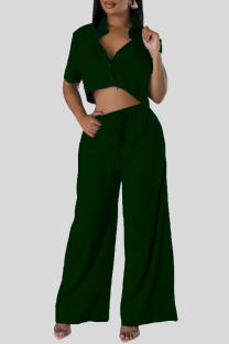 Green Casual Solid Color Draw String Buckle Patchwork Turndown Collar Short Sleeve Two Pieces