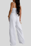 White Casual Solid Color Hollow Out Pocket Patchwork Backless Spaghetti Strap Loose Jumpsuits