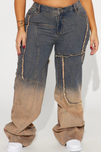 Blue Street Gradient Color Pocket Buttons Patchwork Zipper Mid Waist Loose Denim Jeans