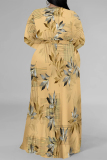 Blue Elegant Floral Print Lace Up Slit V Neck Printed Plus Size Dresses