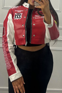 Red Street Letters Patchwork Zipper Zipper Collar Outerwear