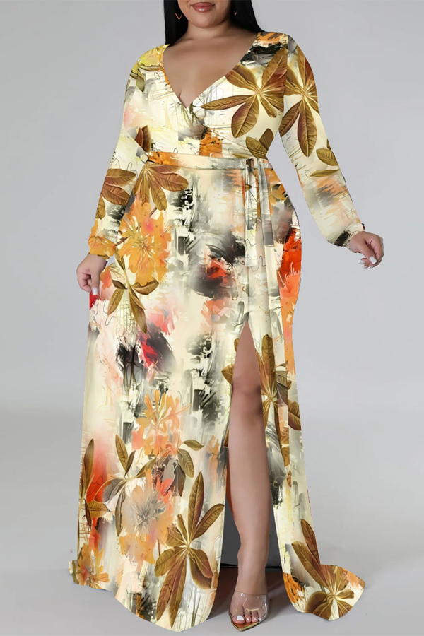 Beige Elegant Floral Print Lace Up Slit V Neck Printed Plus Size Dresses