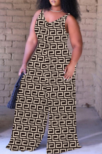 Coffee Casual Print Backless Spaghetti Strap Plus Size Jumpsuits (With Headscarf)