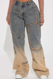 Blue Street Gradient Color Pocket Buttons Patchwork Zipper Mid Waist Loose Denim Jeans