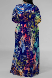 Blue Elegant Floral Print Lace Up Slit V Neck Printed Plus Size Dresses