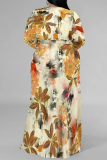 Blue Elegant Floral Print Lace Up Slit V Neck Printed Plus Size Dresses