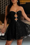 Apricot Sexy Solid Color Hollow Out Sequins Patchwork Backless Strapless A Line Dresses