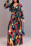 Yellow Elegant Geometric Print Snakeskin Print Leopard Lace Up Contrast V Neck Printed Dresses