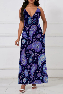 Black Purple Casual Print Pocket Patchwork V Neck Long Dresses