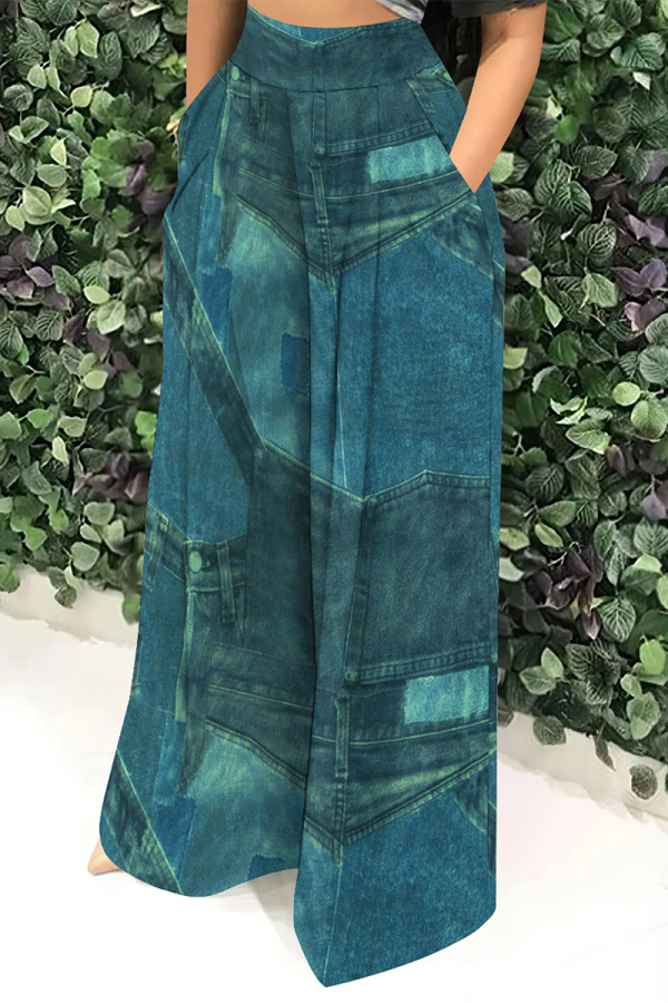 Navy Casual Faux Denim Print Pocket Contrast Loose High Waist Wide Leg Full Print Bottoms