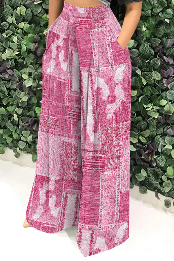 Pink Casual Faux Denim Print Pocket Contrast Loose High Waist Wide Leg Full Print Bottoms