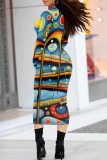 Red Street Geometric Print Stripe Contrast Half A Turtleneck Printed Dresses