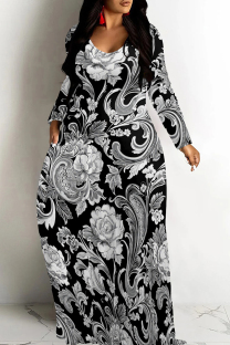 Black And White Casual Print Patchwork V Neck Long Dresses