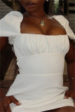 White Casual Solid Color Backless Belted Square Neck Short Sleeve Short Sleeve Dress