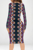 Purple Sexy Street Geometric Print Contrast V Neck Printed Dresses