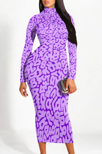 Light Purple Street Geometric Print Stripe Contrast Half A Turtleneck Printed Dresses