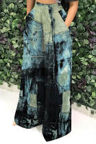 Blue Black Casual Faux Denim Print Pocket Contrast Loose High Waist Wide Leg Full Print Bottoms