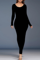 Black Casual Solid Color O Neck One Step Skirt Dresses