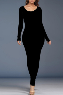 Black Casual Solid Color O Neck One Step Skirt Dresses