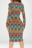 Purple Sexy Street Geometric Print Contrast V Neck Printed Dresses