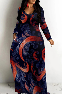 Fuchsia Casual Print Patchwork V Neck Long Dresses