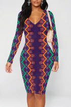 Purple Sexy Street Geometric Print Contrast V Neck Printed Dresses