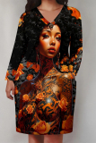 Pink Brown Casual Street Figure Print Pocket Contrast V Neck Printed Plus Size Dresses