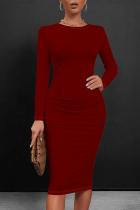 Burgundy Casual Solid Color O Neck Wrapped Skirt Dresses