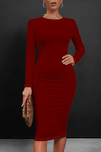 Burgundy Casual Solid Color O Neck Wrapped Skirt Dresses