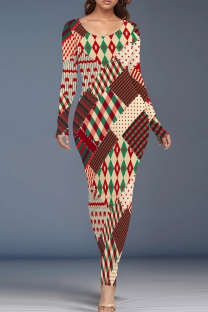 Red Green Casual Print Patchwork O Neck Long Dresses