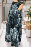 Navy Casual Faux Denim Print Pocket Contrast Loose High Waist Wide Leg Full Print Bottoms