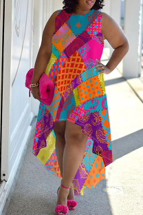 Multicolor Casual Print Patchwork O Neck Irregular Plus Size Dresses