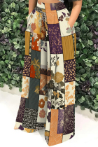 Orange Purple Casual Print Pocket Patchwork Loose Mid Waist Wide Leg Full Print Bottoms