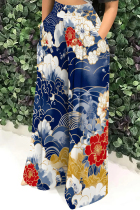Tibetan Blue Casual Print Pocket Patchwork Loose Mid Waist Wide Leg Full Print Bottoms