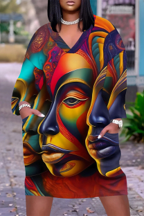 Multi-color Casual Street Figure Print Pocket Contrast V Neck Printed Plus Size Dresses
