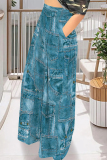 Navy Casual Faux Denim Print Pocket Contrast Loose High Waist Wide Leg Full Print Bottoms