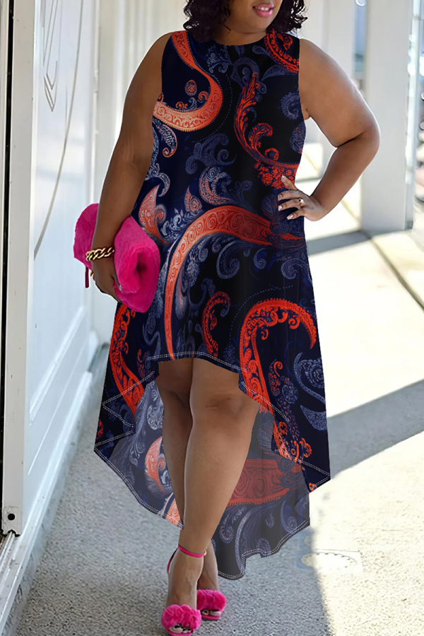 Fuchsia Casual Print Patchwork O Neck Irregular Plus Size Dresses