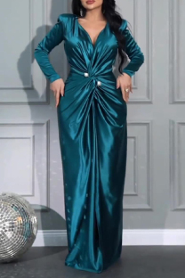 Peacock Blue Elegant Solid Color Patchwork Ruched V Neck Long Dresses