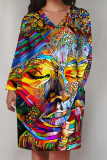 Pink Brown Casual Street Figure Print Pocket Contrast V Neck Printed Plus Size Dresses